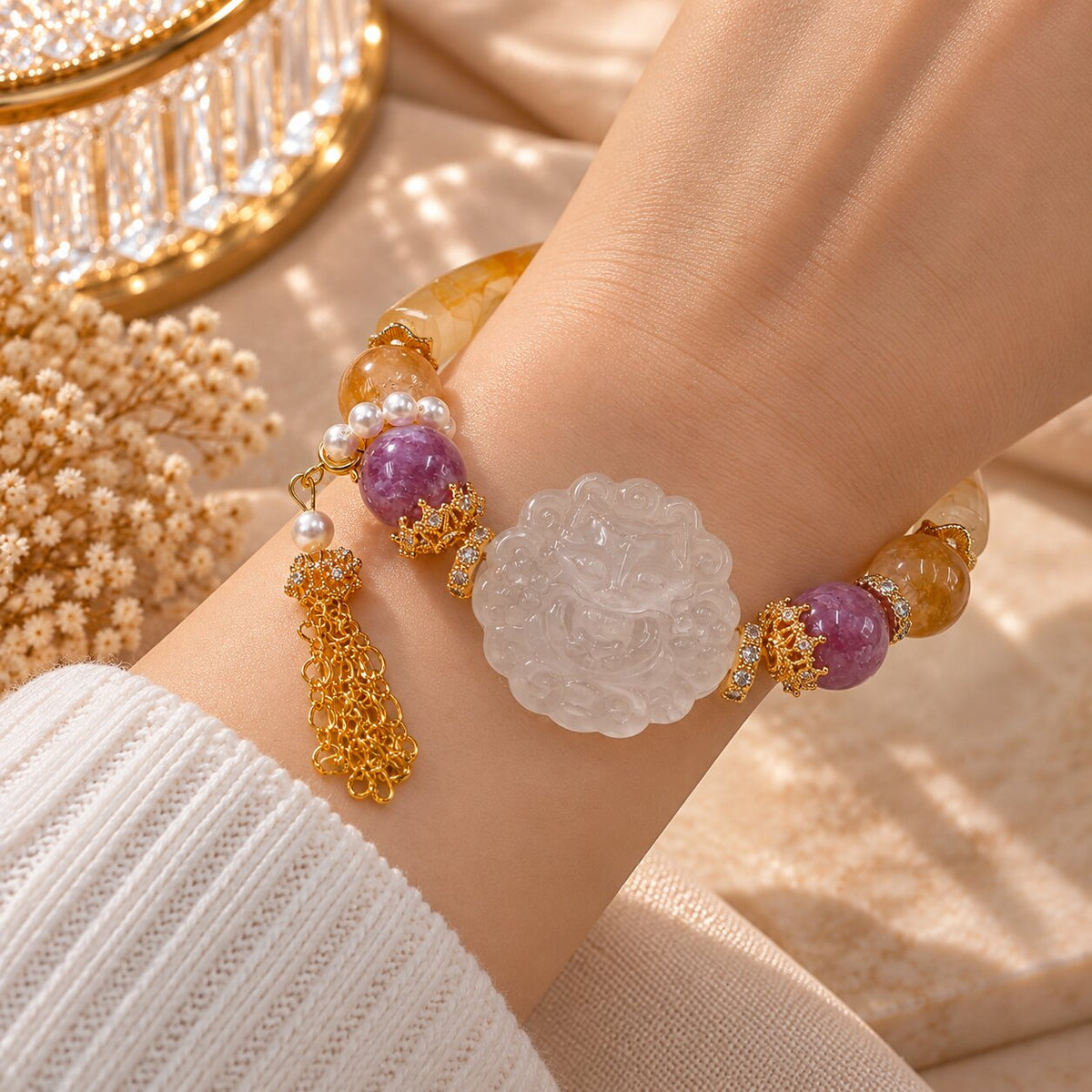 Golden Reverie | Golden Healer, Milky Quartz, Purple Lepidolite & Pearl Bracelet