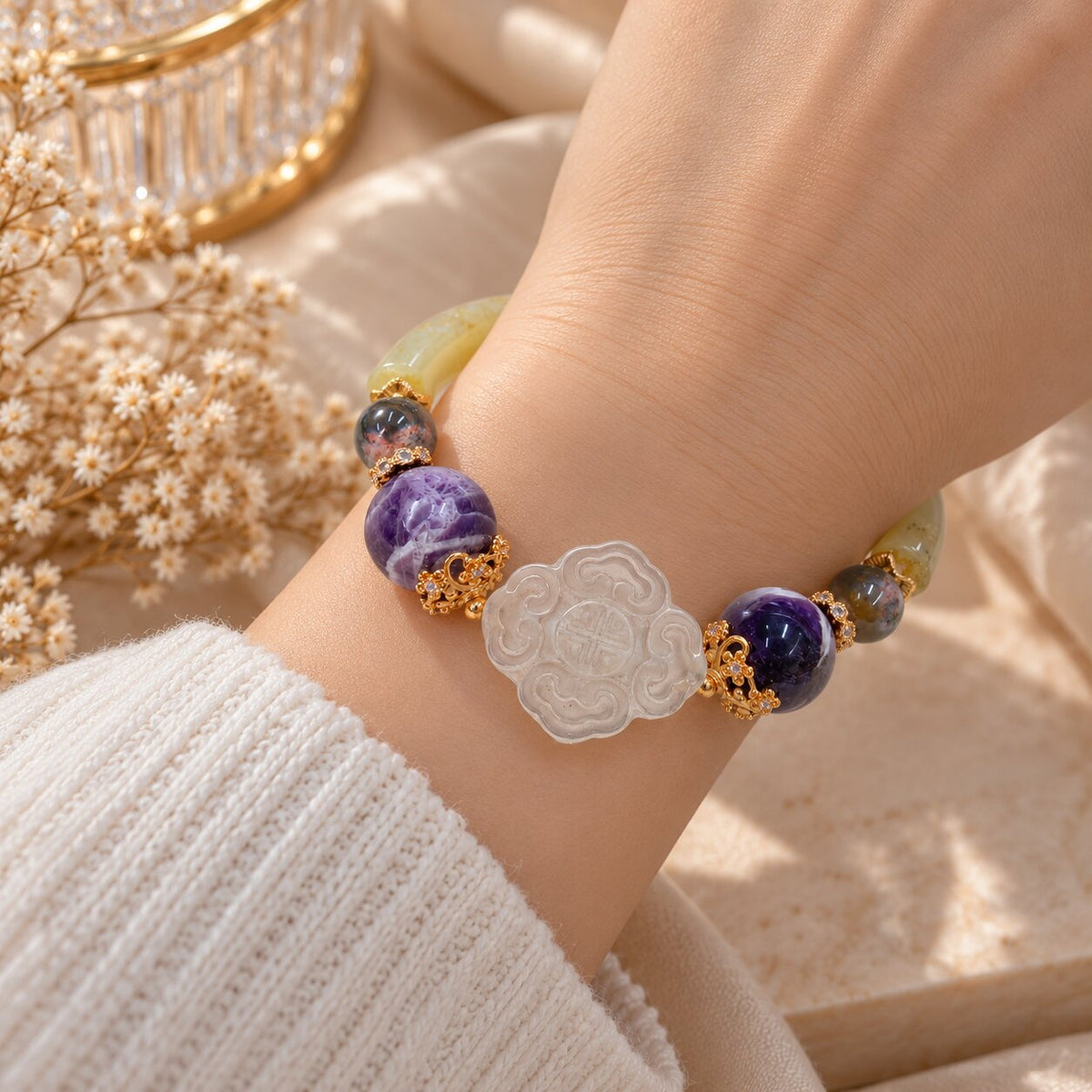 Amethyst Enchantment | Dream Amethyst, Moss Agate, Coral Jade & Clear Quartz Bracelet