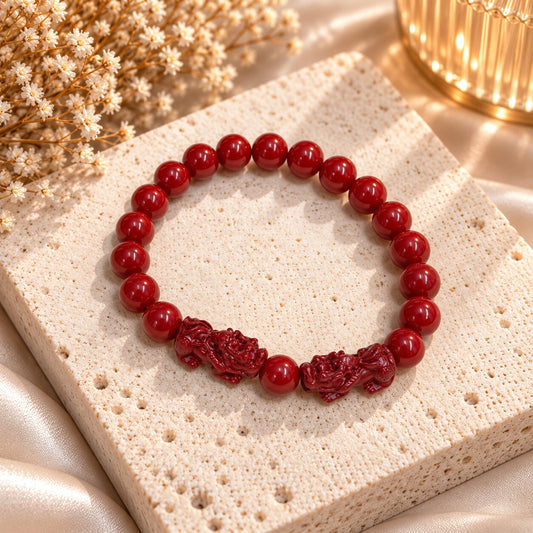 Double Fortune – Cinnabar Bracelet with Twin Pixiu Charms