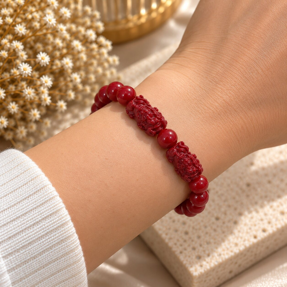 Double Fortune – Cinnabar Bracelet with Twin Pixiu Charms
