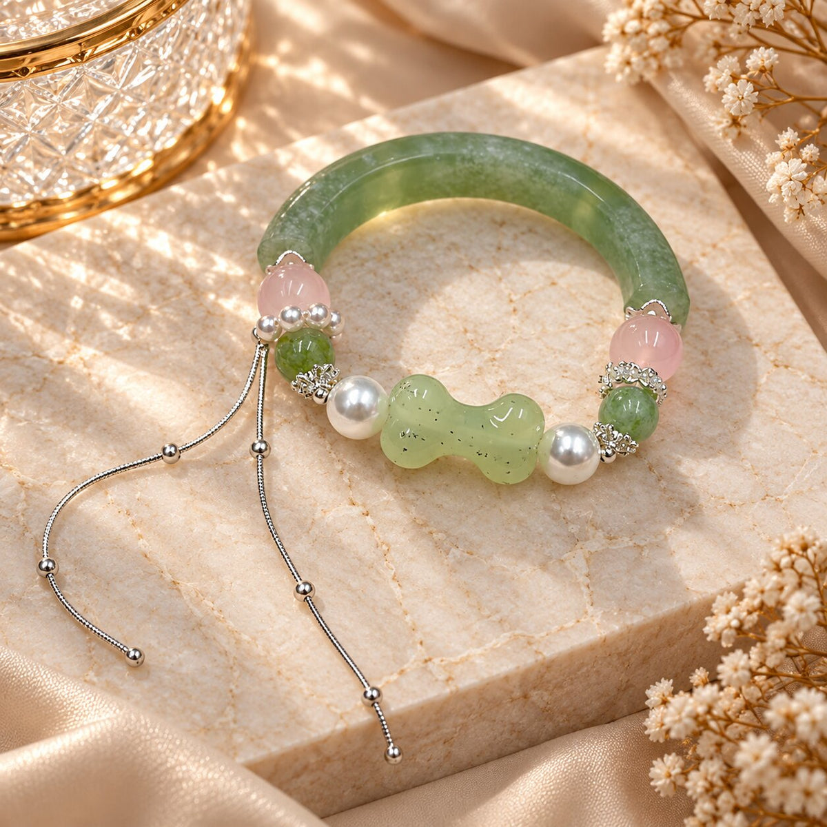 Jade Blossom | Xiuyan Jade, Prehnite, Rose Quartz & Pearl Bracelet