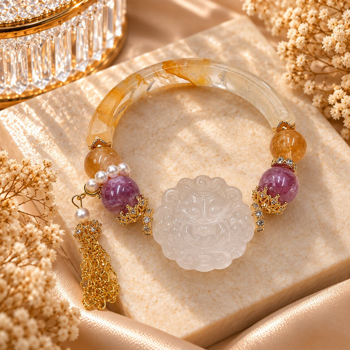 Golden Reverie | Golden Healer, Milky Quartz, Purple Lepidolite & Pearl Bracelet