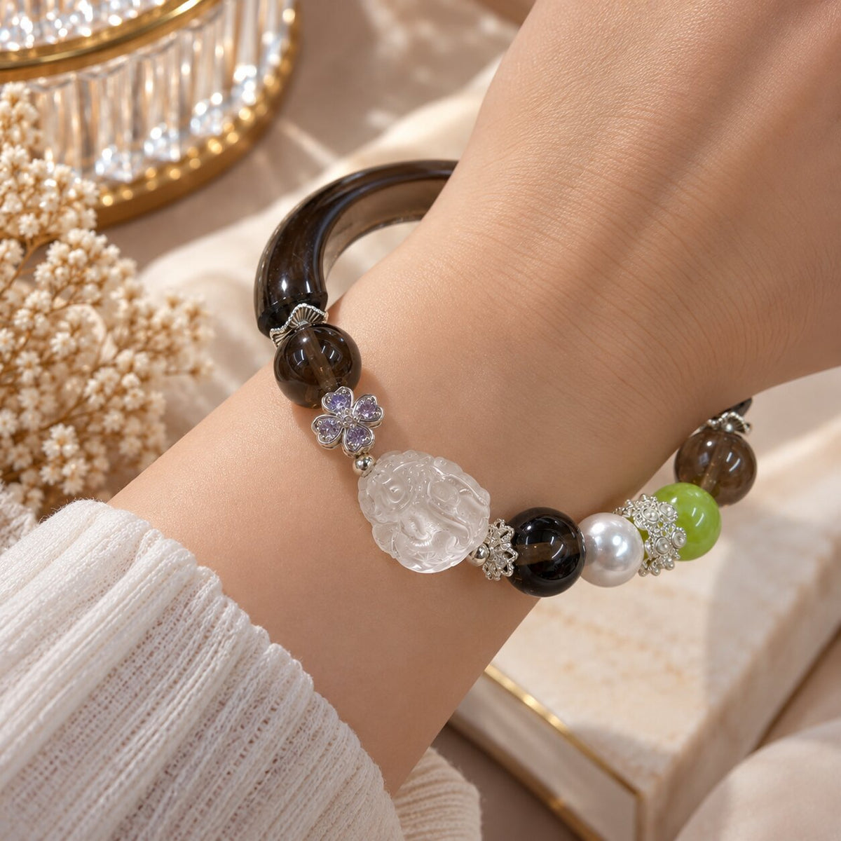 Obsidian Whisper | Ice Obsidian, Green Lepidolite, Pearl & Clear Quartz Bracelet
