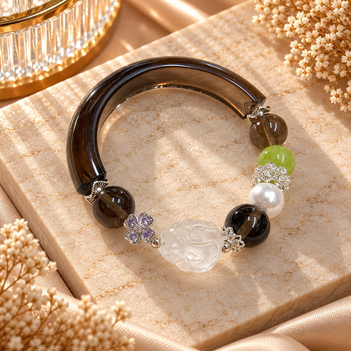 Obsidian Whisper | Ice Obsidian, Green Lepidolite, Pearl & Clear Quartz Bracelet